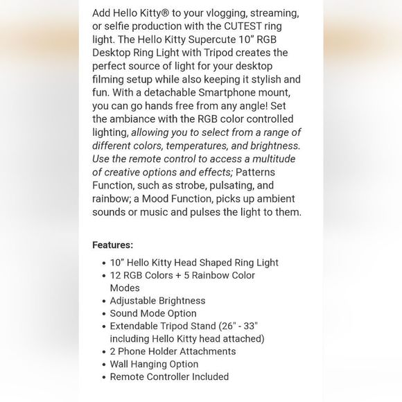 Impressions For Hello Kitty Super Cute 10" RGB Desktop Ring Light w/Tripod - Picture 12 of 14